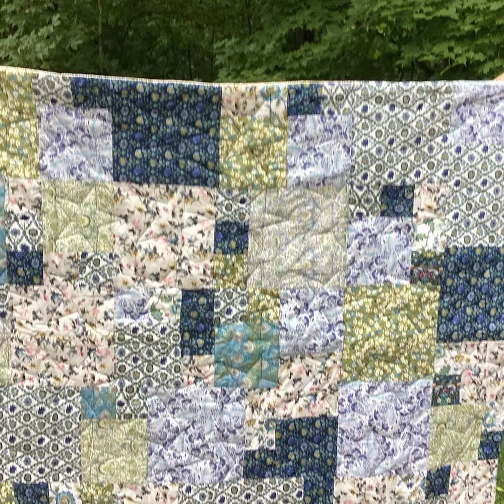 NWT. Hand Crafted Blues and Green Liberty Lawn Fabrics Garden Quilt with Stars